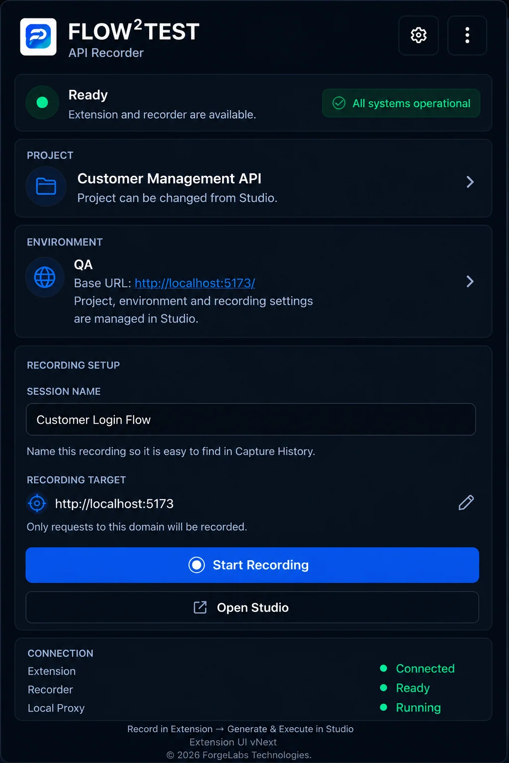 Flow²Test API Recorder configured to capture the Customer Login Flow for the Customer Management API project.