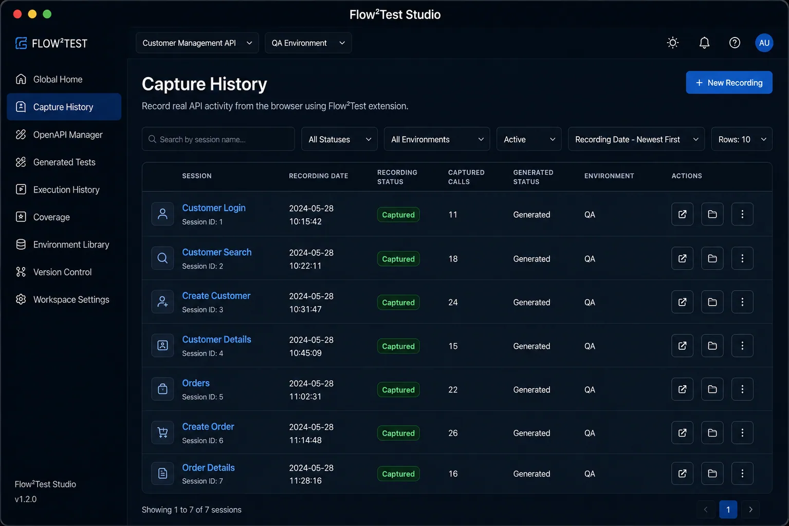 Flow²Test Capture History showing recorded Customer Management API sessions.