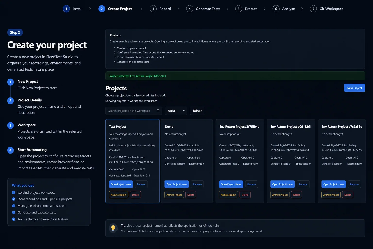 Flow²Test Project Management showing Workspace projects ready for recording and OpenAPI import.
