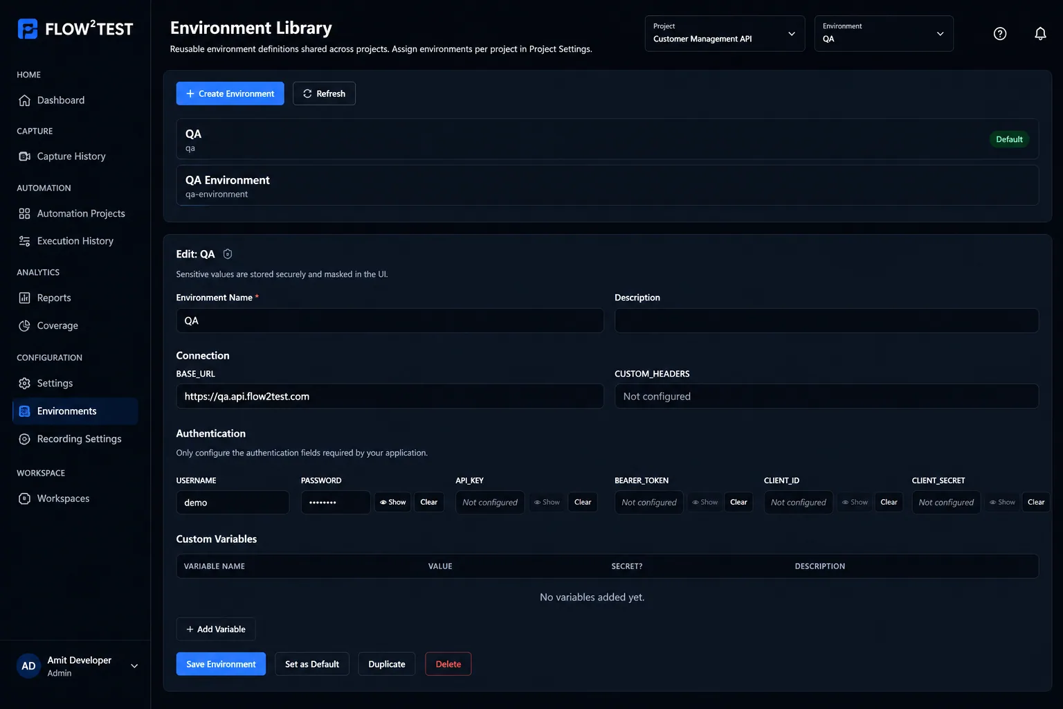 Flow²Test Environment Library showing QA environment configuration and masked authentication values.