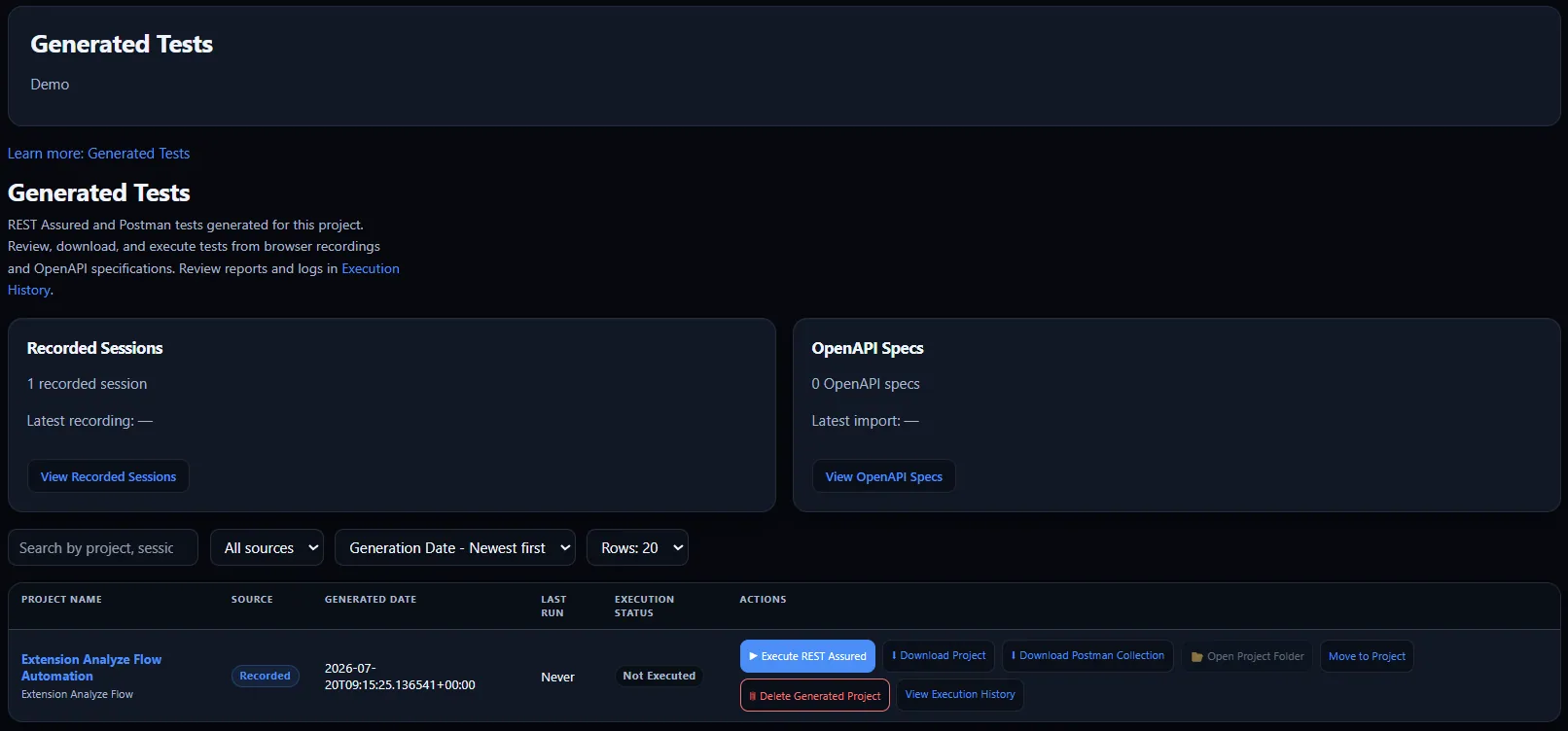 Flow²Test Generated Tests page showing REST Assured execution and project-download actions.