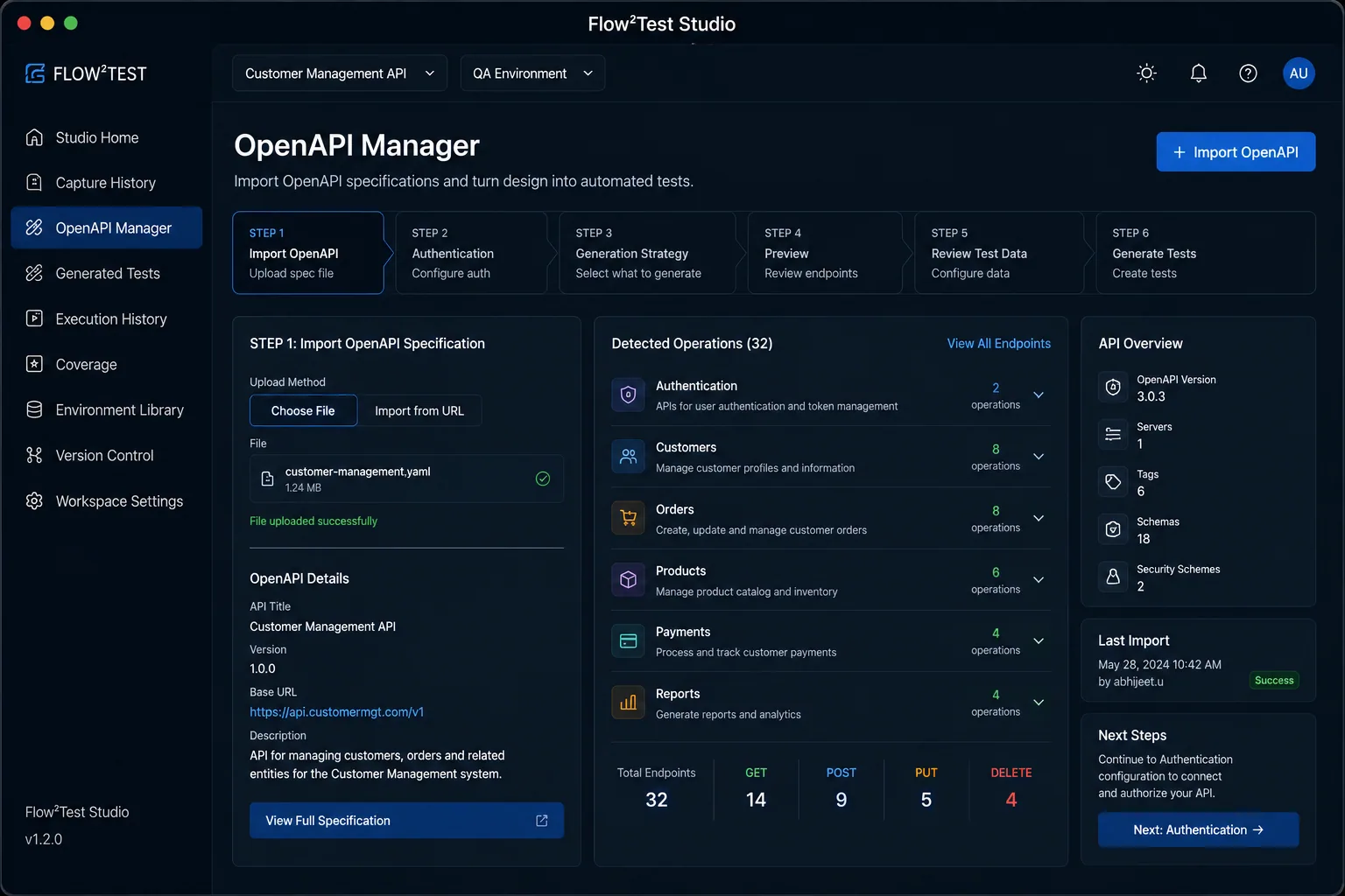 Flow²Test OpenAPI Manager showing an imported Customer Management API specification and detected operations.