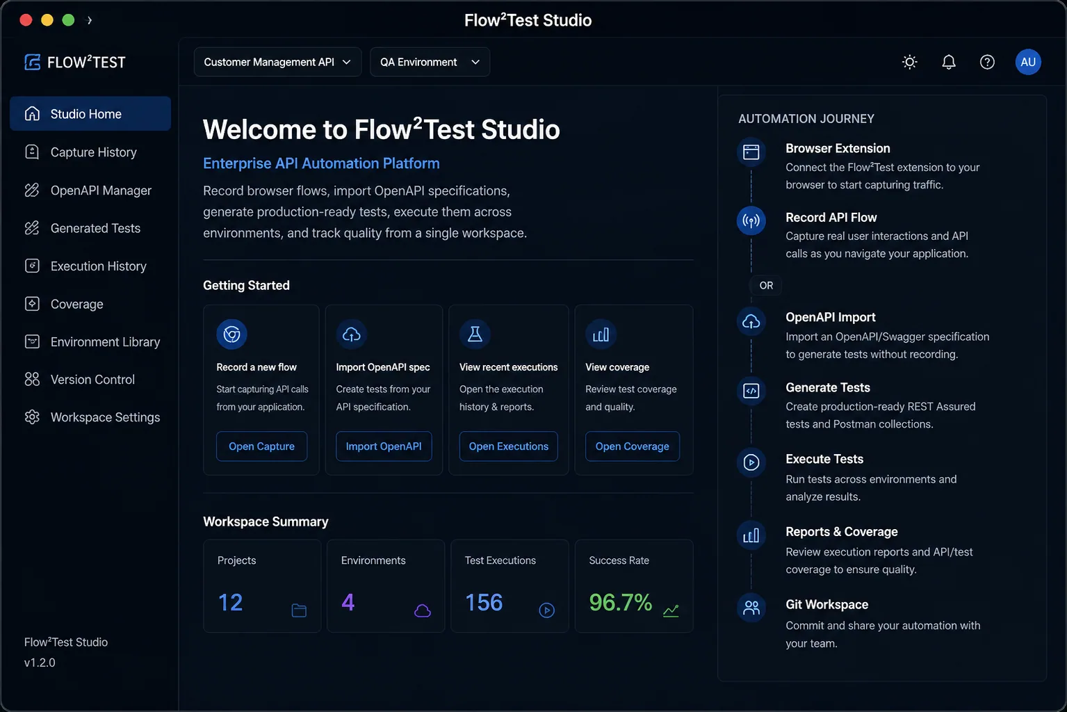 Flow²Test Studio Home showing the automation journey and workspace controls.