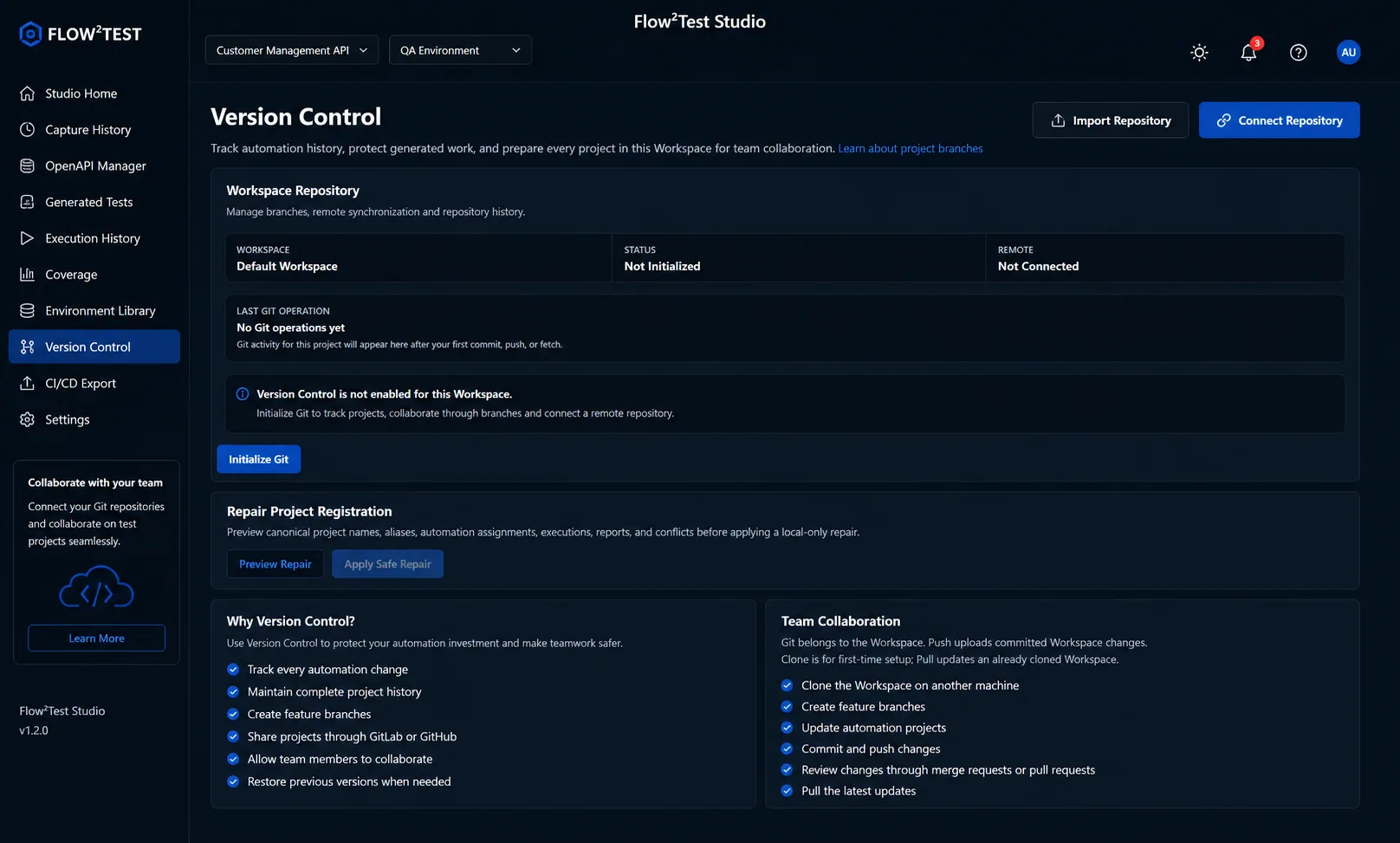 Flow²Test Version Control showing Workspace repository setup and Git collaboration guidance.
