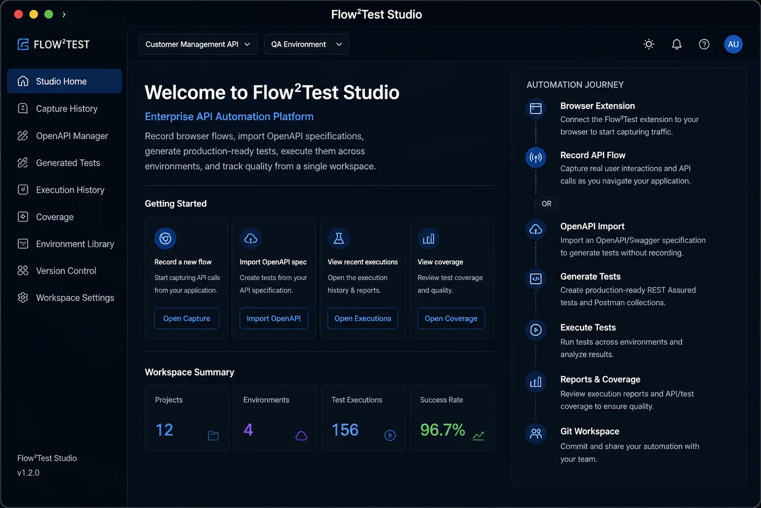 Flow²Test Studio Home showing the automation journey.